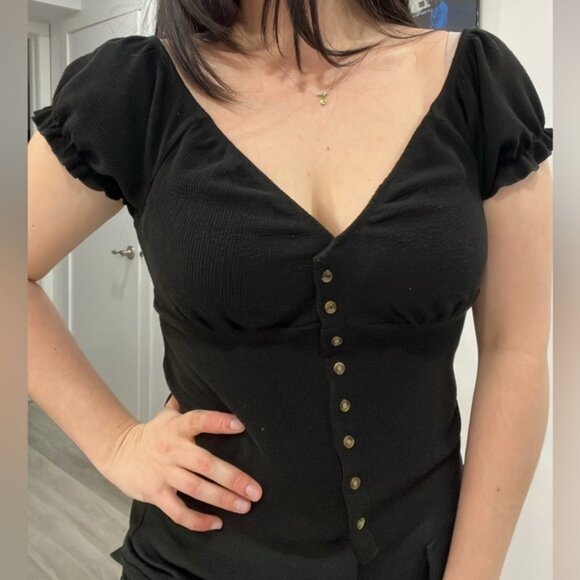 Black Puff short Sleeve Button Front Smocked Crop Top L fairycore Summer Fest - Picture 1 of 5